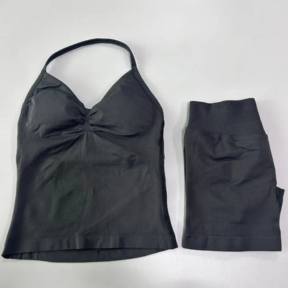 2 Pieces Impact Sports Set Workout Clothes Shorts Sets Impact Longline Strappy Top Seamless Scrunch Shorts Yoga Clothing Gym Set