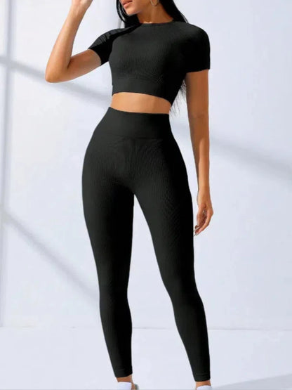 Yoga Set 2 Pieces Women Tracksuits Workout Sportswear Gym Clothing Fitness Short Sleeves Long Leggings Suits