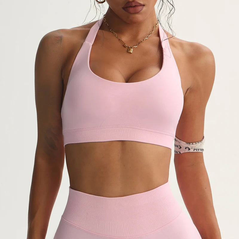 Seamless Halter Sports Bras Running Sexy Open Back Yoga Bra Padded Brassiere Sport Woman Fitness Gym Top Activewear