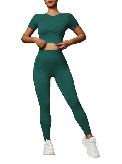 Fashionable women's two-piece high elastic seamless yoga suit sportswear, slim short-sleeved top, high waist pants,