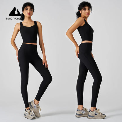 Europe and the United States women's yoga suit training rib-neck sleeveless tank top and sport fitness pants wear outside