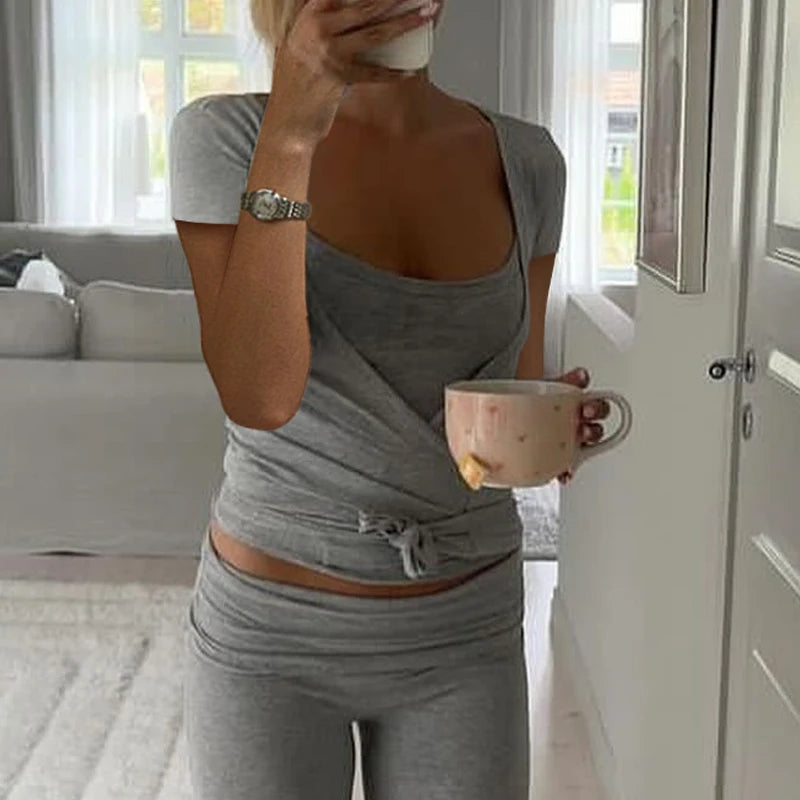 Yoga Workout Outfits Ladies Casual Slim Fit Bandage Crop Tops T-shirt + Fitness Legging Pants Women 2 Piece Sporty Matching Set