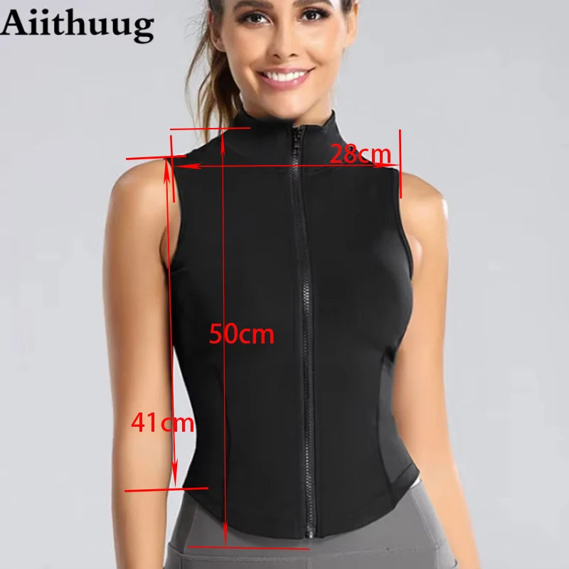 Aiithuug Athletic Zip Up Sweat Vest Jacket Sleeveless Running Yoga Tops High Neck Shirts Sports Top Fitness Women Workout Tops