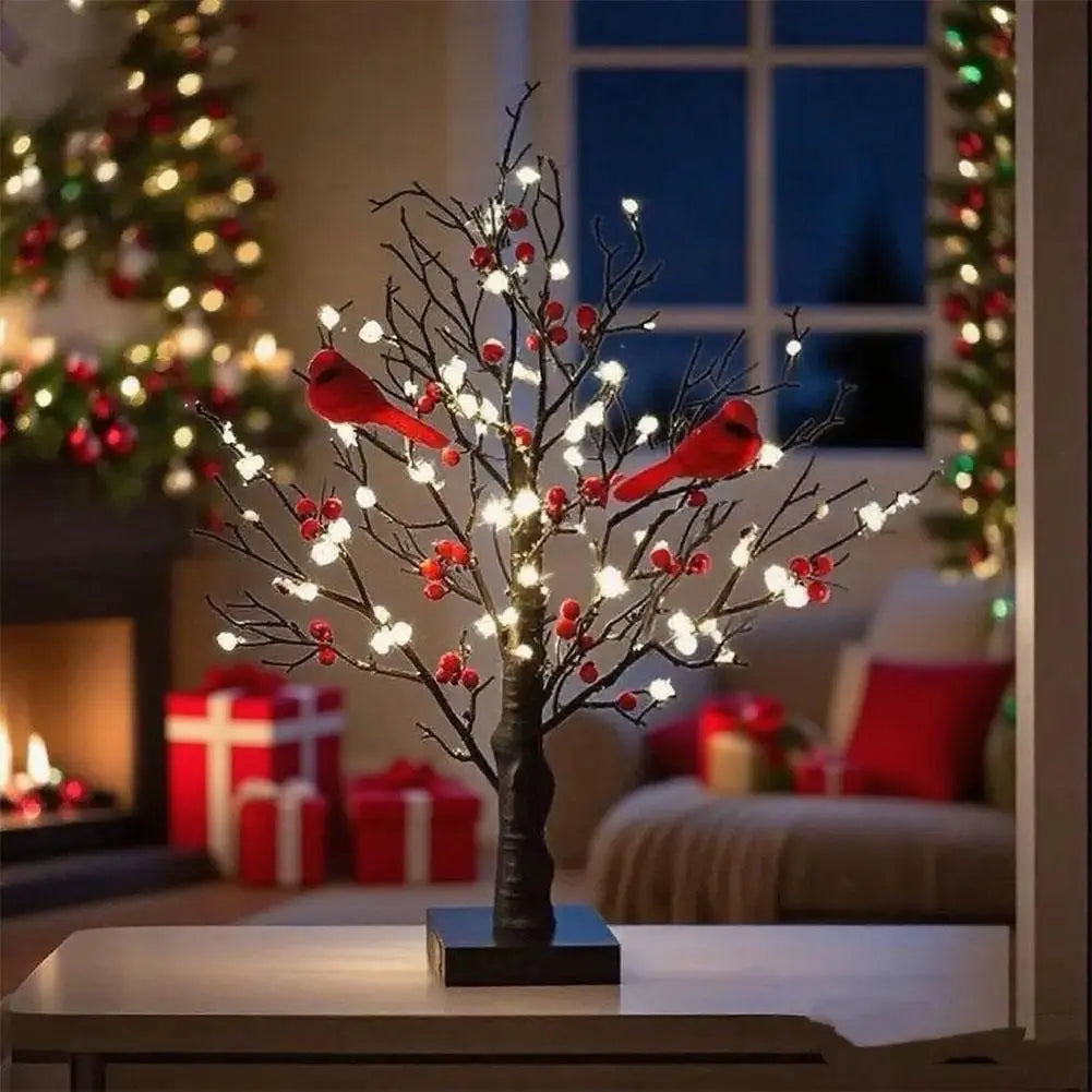 Lighted Mini Birch Tree Light LED Cardinals Christmas Tree Vintage Glowing Tree Light for Table Home Xmas Decoration Ornament