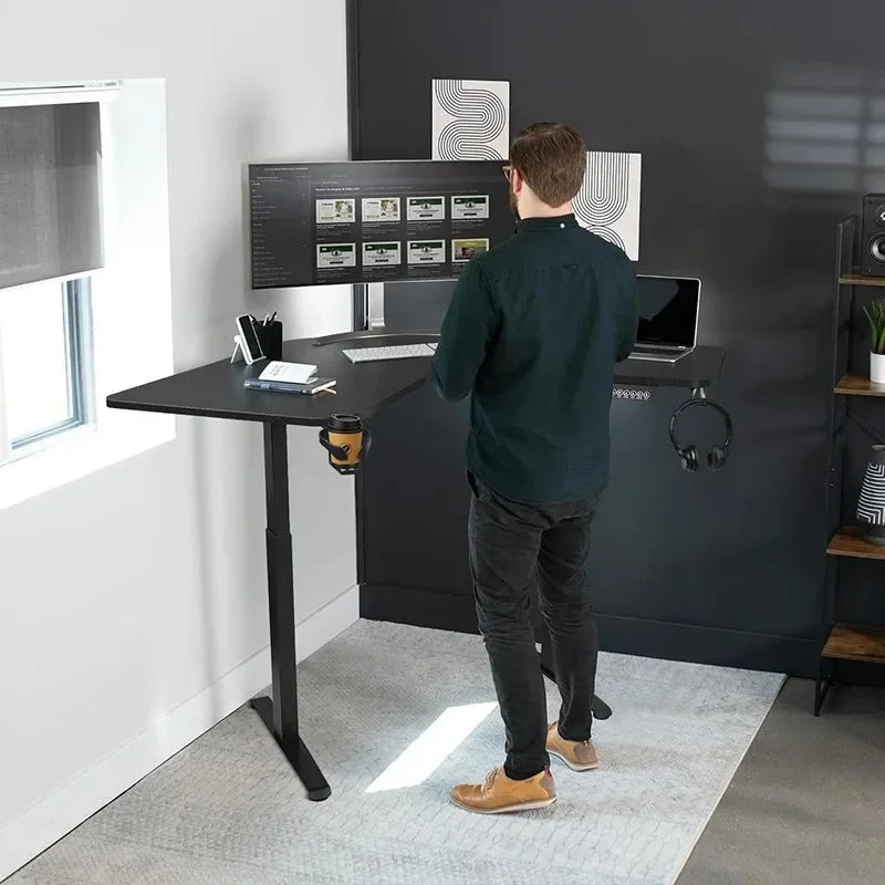 Electric L Shaped Standing Desk, Height Adjustable, Single Motor Corner Sit Stand Up Desk with Splice Board, White/Black