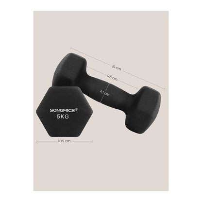SONGMICS Dumbbells Set of 2 2 x 5kg Dumbbells Set Dumbbells Hexagon Neoprene Coating Strength Training Workout Fitness