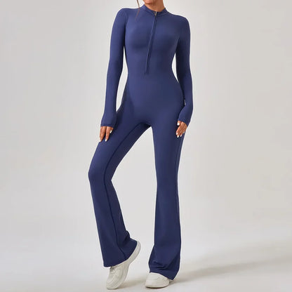 Yoga Jumpsuit Women's Sport Bodysuit Solid Color Zipper Long Sleeve Pants Bell-bottoms Sexy Slimming Fitness Wear 2025 New