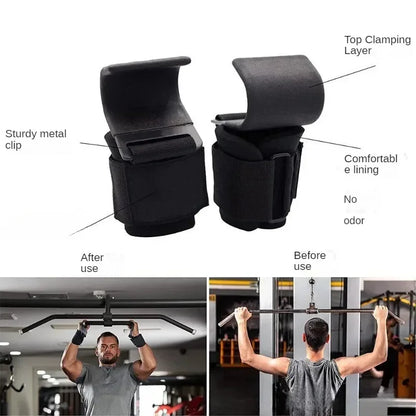 Fitness equipment: squat, weightlift, pull-up. Wrist hook for bar, aids strength training, no hand strain.