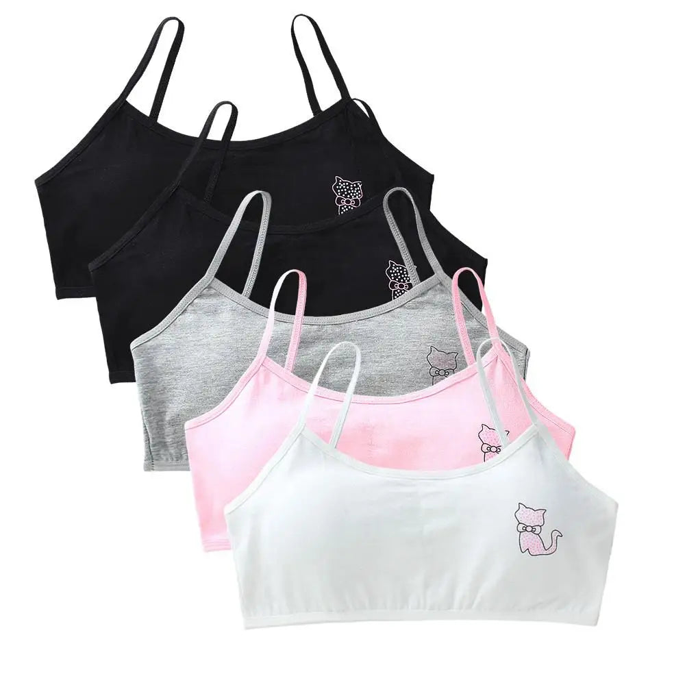 5pcs 2025 Girls Cotton Training Bralette Adjustable Support Tanks Top 8-16Y Breathable Teen Undershirt for Everyday&Sports Bras