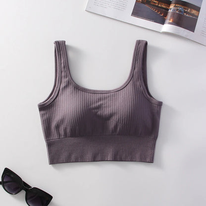 Ribbed Solid Sports Bra Medium Support Square Neck Seamless Knit Padded Push Up Fitness Bra Women's Activewear Summer Outerwear