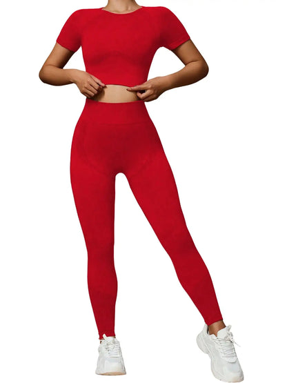 Fashionable women's two-piece high elastic seamless yoga suit sportswear, slim short-sleeved top, high waist pants,