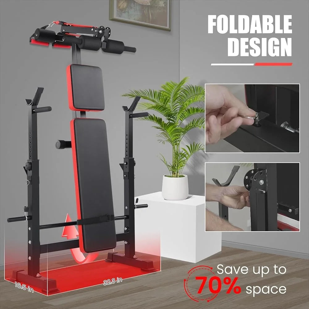 6 in 1 Adjustable Weight Bench with Squat Rack Folding Home Gym Bench Press Set Heavy Duty Multilevel Settings 600lbs Capacity