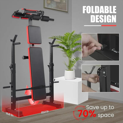 6 in 1 Adjustable Weight Bench with Squat Rack Folding Home Gym Bench Press Set Heavy Duty Multilevel Settings 600lbs Capacity