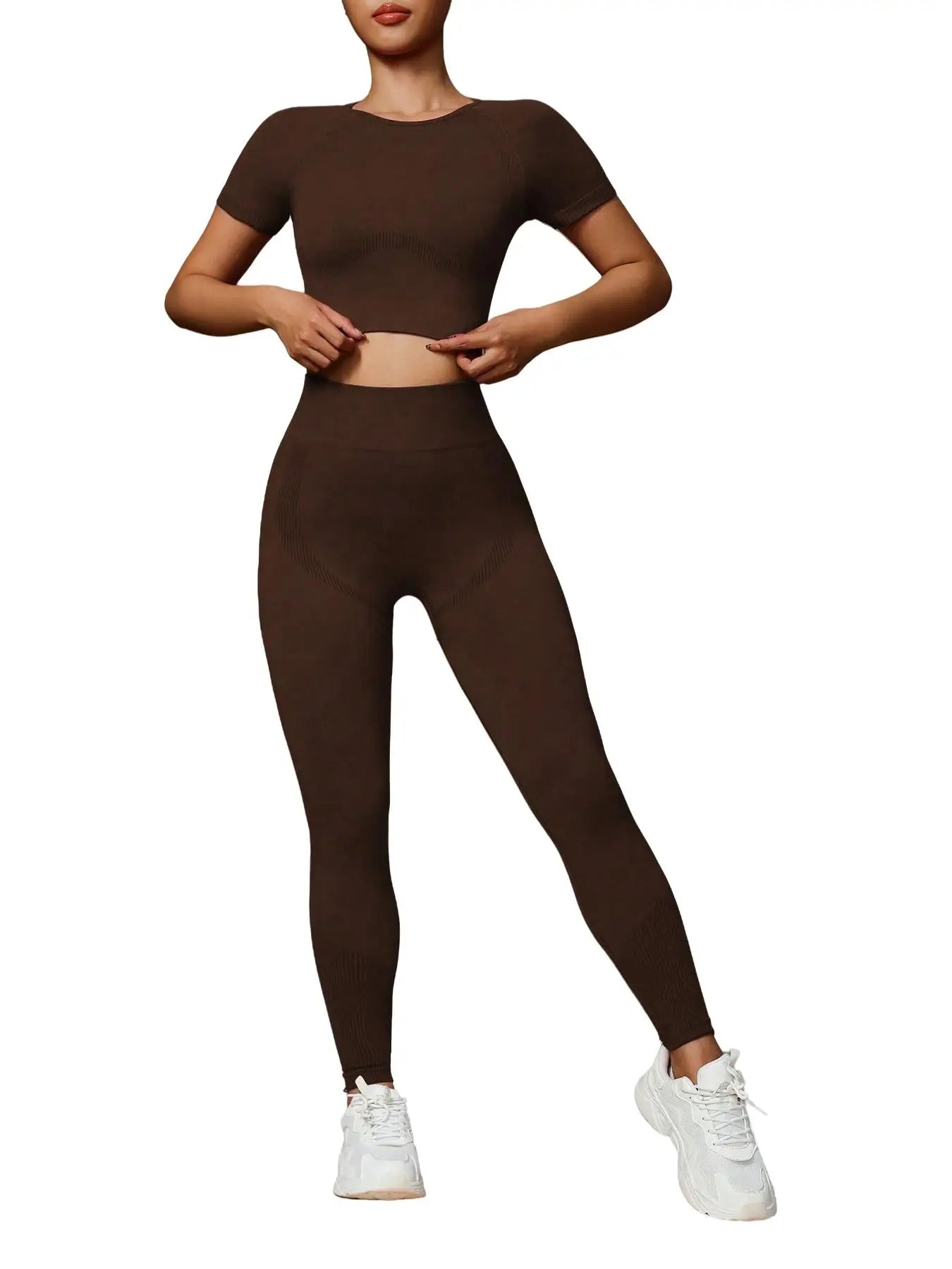 Fashionable women's two-piece high elastic seamless yoga suit sportswear, slim short-sleeved top, high waist pants,
