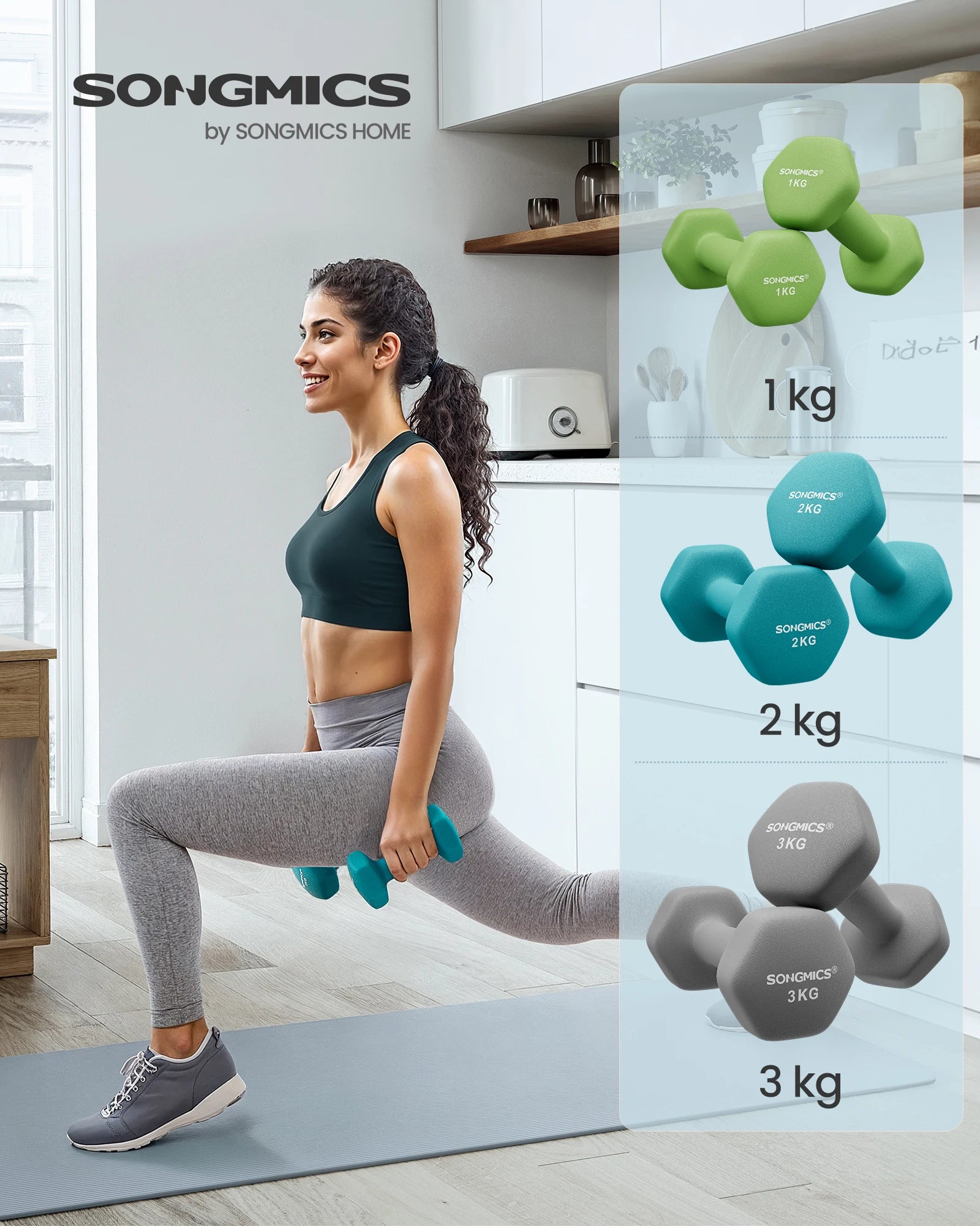 SONGMICS Dumbbell Set, dumbbells, Hexagon, with Dumbbell stand, 2x1 kg, 2x2 kg, 2x3 kg, lime green, aquamarine, Gray