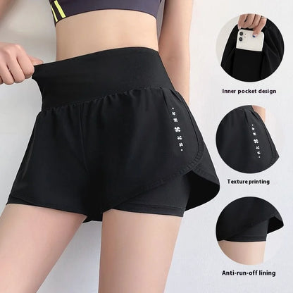 Yoga Wear Pockets Sports Shorts Female False Two Pieces Quick Dry Fitness Running Loose Thin Versatile Shorts