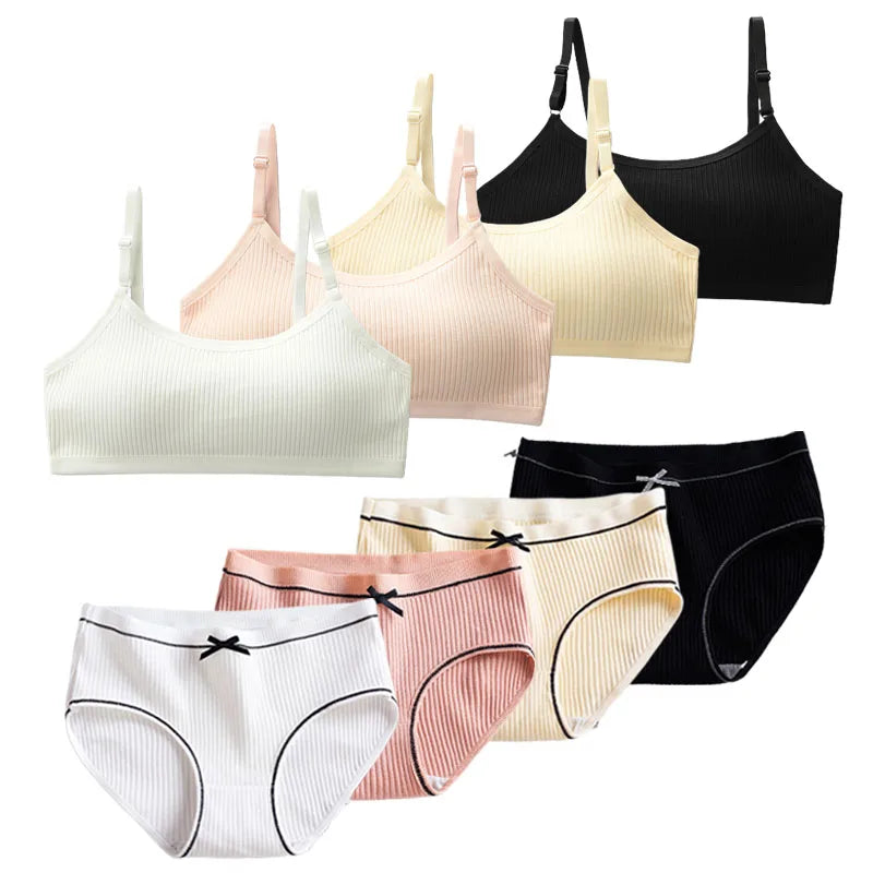1/4 Sets Wireless Girl's Sports Bra Underwear Sets Cotton Breathable Sweat-Wicking Kids Brassiere and Girls Panties Lingerie Set