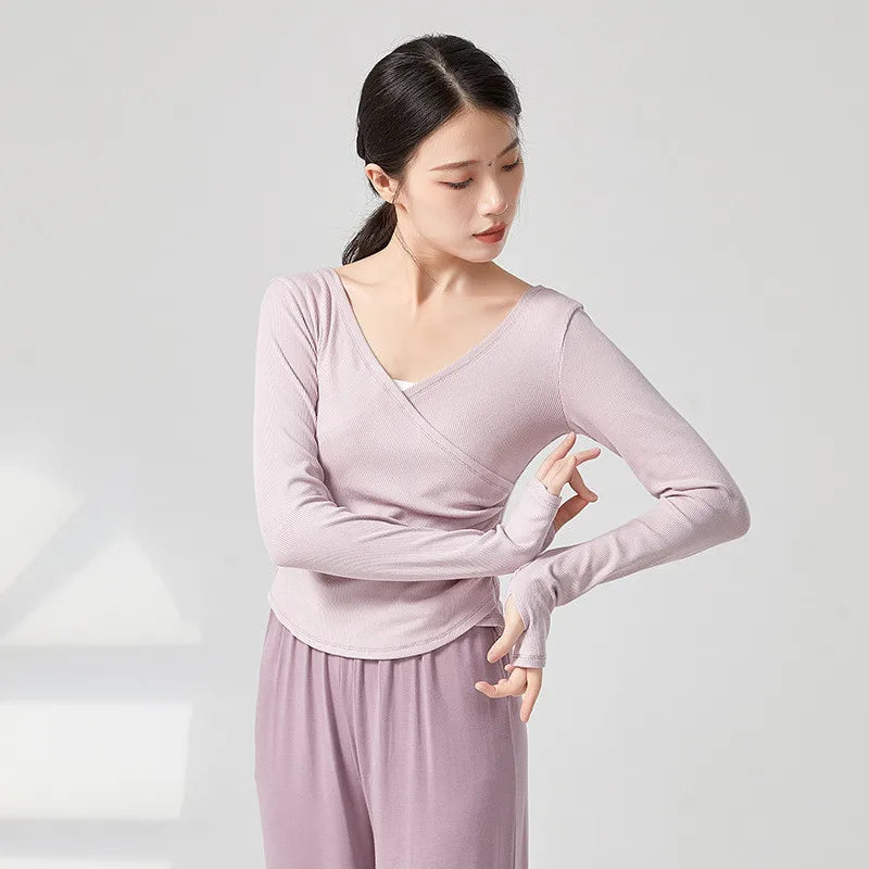 Adult Modern Dance Practice Clothes V Neck Finger Sleeve Autumn Winter Tops Women Slim Elegant Yoga Costume Performance Clothing