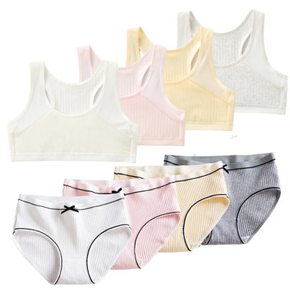 1/4 Sets Wireless Girl's Sports Bra Underwear Sets Cotton Breathable Sweat-Wicking Kids Brassiere and Girls Panties Lingerie Set