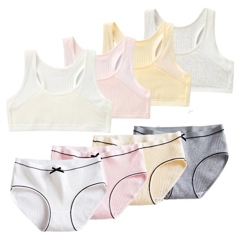 1/4 Sets Wireless Girl's Sports Bra Underwear Sets Cotton Breathable Sweat-Wicking Kids Brassiere and Girls Panties Lingerie Set