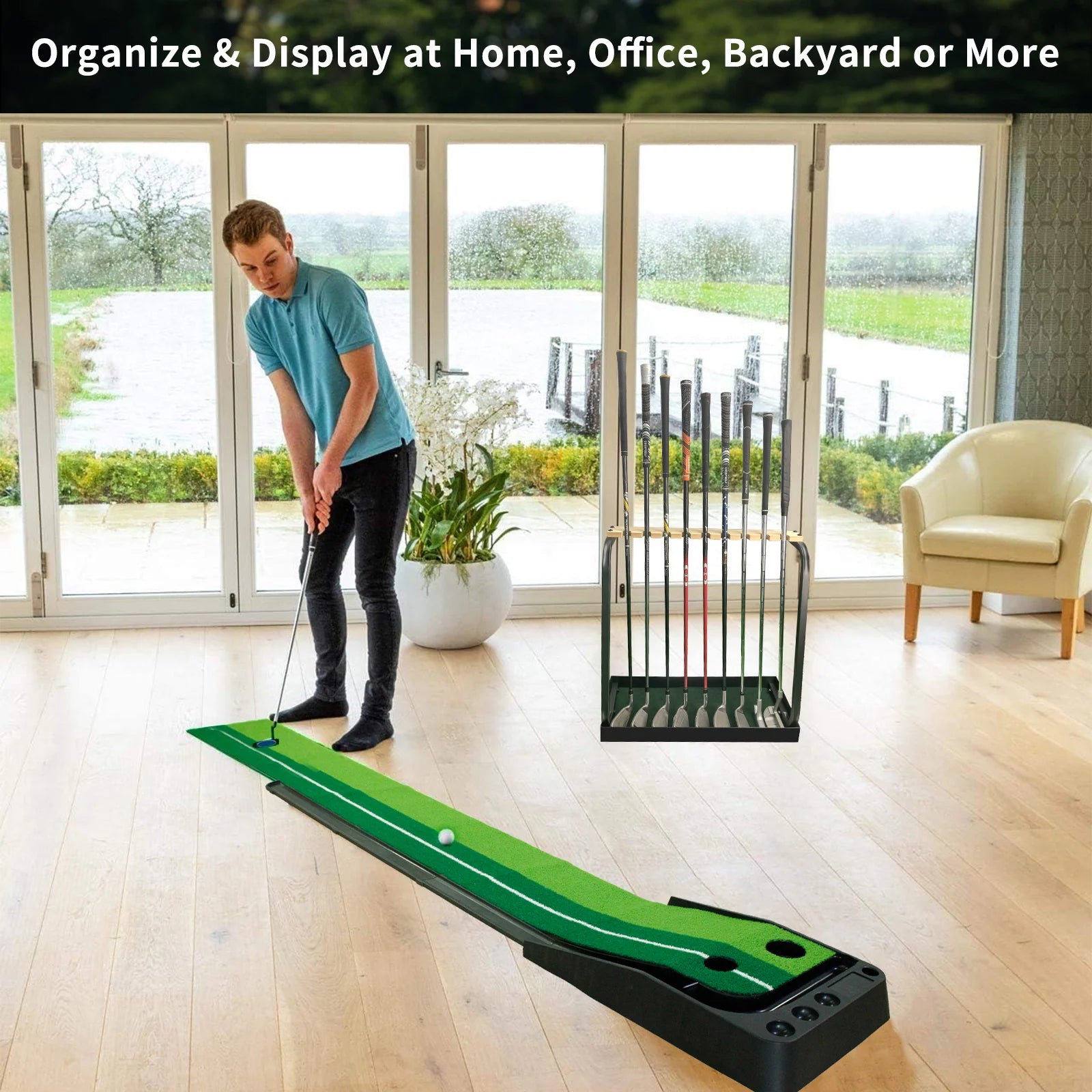 Golf Club Holder Wooden Golf Club Rack for 9 Golf Clubs Golf Putter Stand Display Organizer for Storage Indoor Home Garage