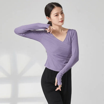 Adult Modern Dance Practice Clothes V Neck Finger Sleeve Autumn Winter Tops Women Slim Elegant Yoga Costume Performance Clothing