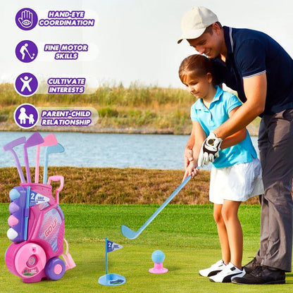 Pink Golf Toy Set with 12 Balls, Portable Golf Cart, Unique Shoulder Strap - Indoor Outdoor Sports Toy, Christmas, Thanksgiving