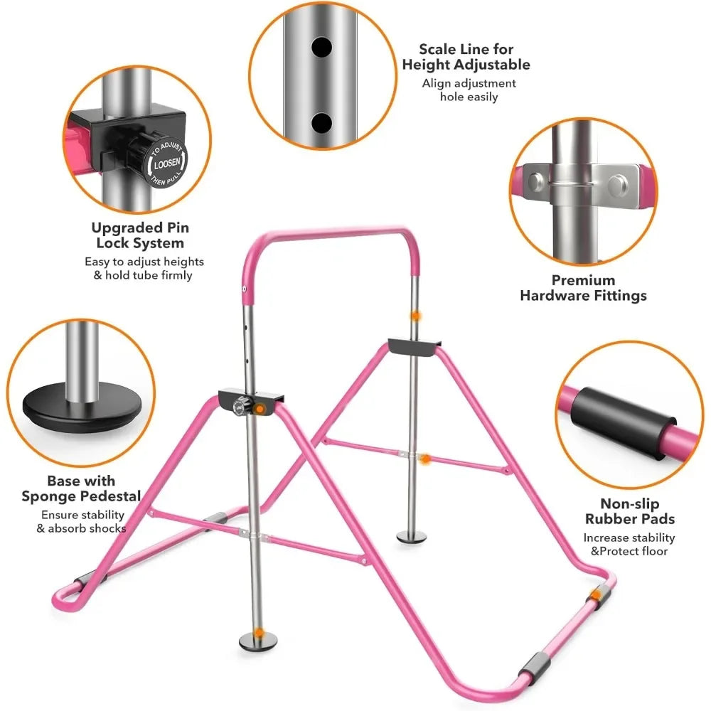 Expandable Gymnastics Bar for Kids - Height Adjustable Junior Training Bar for Home, Folding Gymnastic Horizontal Bars Equipment
