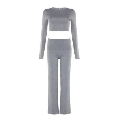 HEYounGIRL Basic Casual Women Fitness Two Piece Set Long Sleeve Cropped Top and Low Waist Fitted Trousers Yoga Clothing Sporty