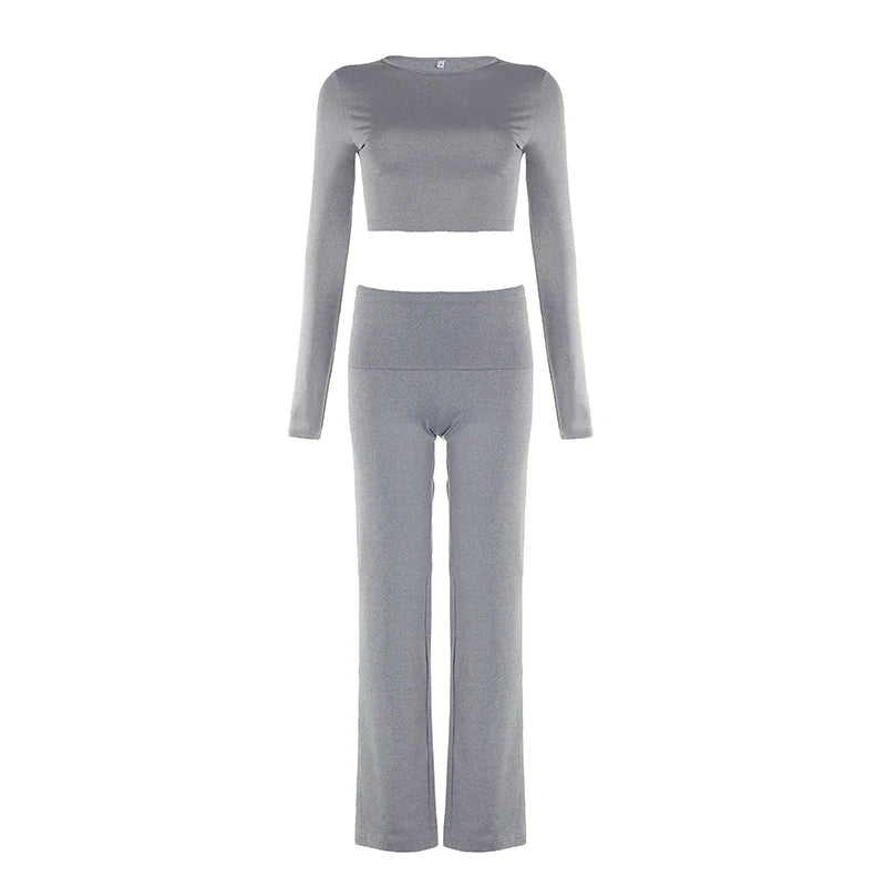 HEYounGIRL Basic Casual Women Fitness Two Piece Set Long Sleeve Cropped Top and Low Waist Fitted Trousers Yoga Clothing Sporty