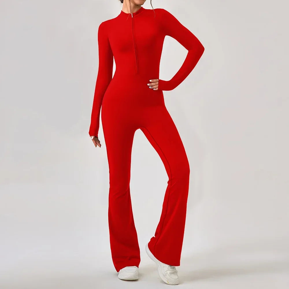 Yoga Jumpsuit Women's Sport Bodysuit Solid Color Zipper Long Sleeve Pants Bell-bottoms Sexy Slimming Fitness Wear 2025 New