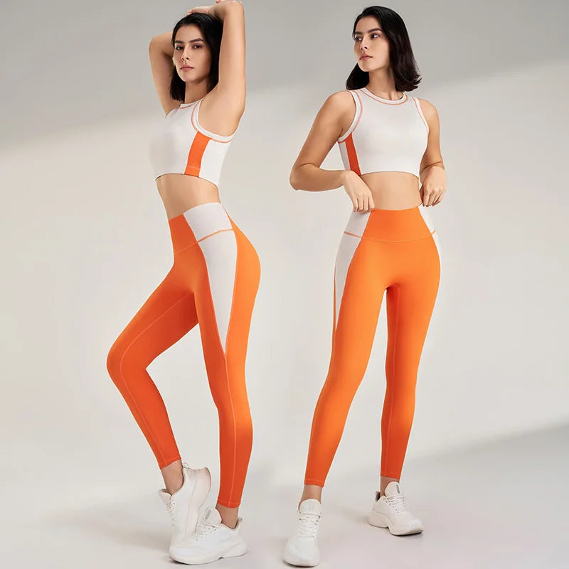 Sports Outdoor Fitness Suit Color Blocking Quick Dry Yoga Clothing Shockproof Bra Yoga Leggings Running Long Pants Female