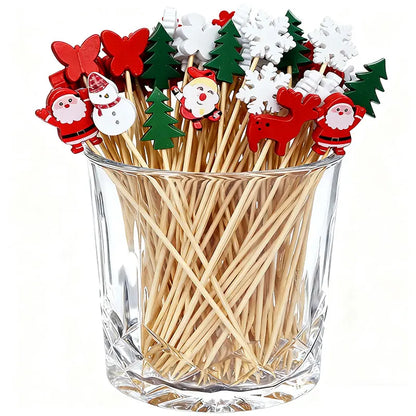 Christmas Party Disposable Decoration Bamboo Stick Christmas Santa Snowman Elk Angel Bamboo Skewer Fruit Dessert Food Toothpicks