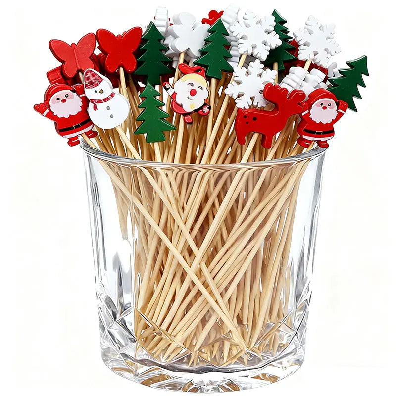 Christmas Party Disposable Decoration Bamboo Stick Christmas Santa Snowman Elk Angel Bamboo Skewer Fruit Dessert Food Toothpicks