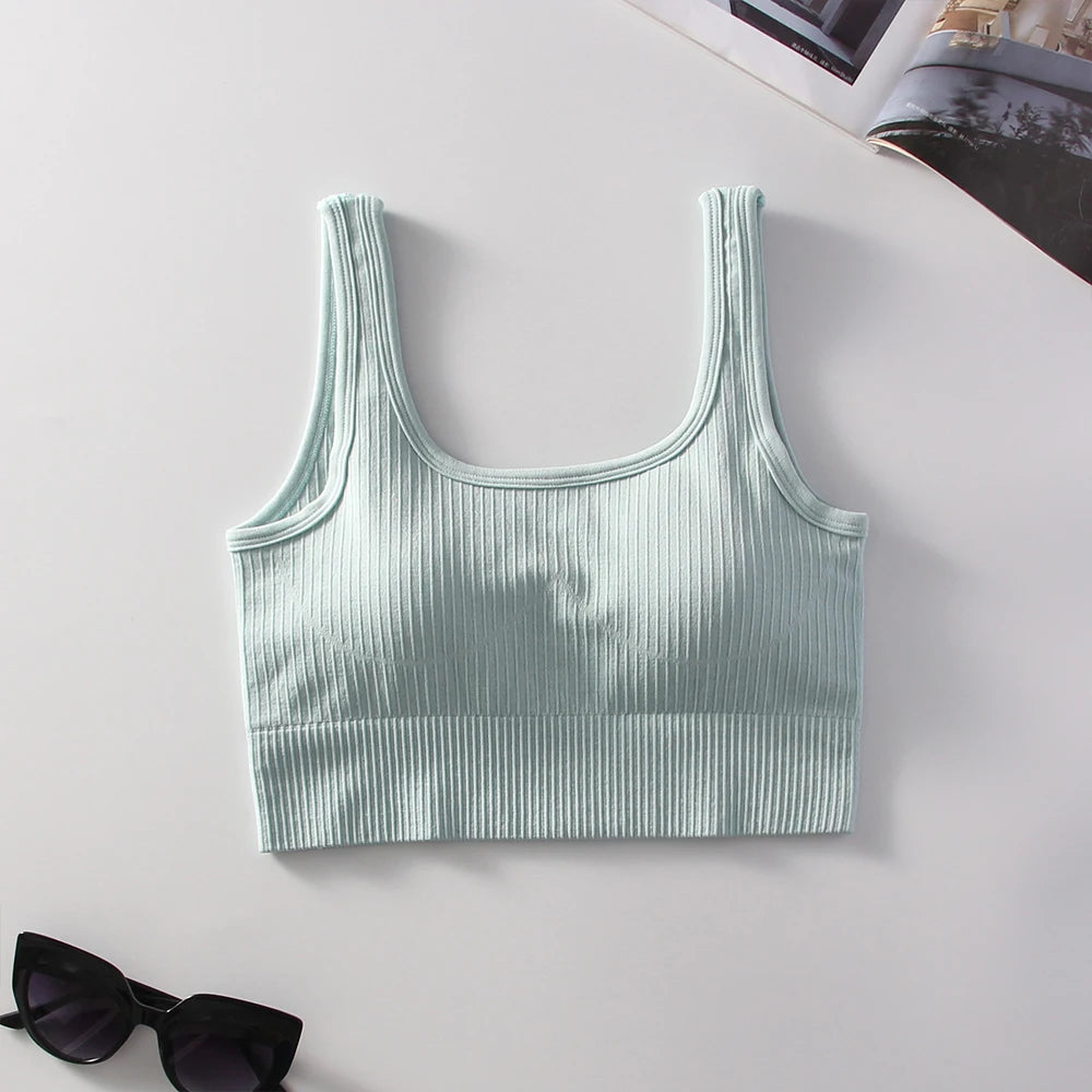 Ribbed Solid Sports Bra Medium Support Square Neck Seamless Knit Padded Push Up Fitness Bra Women's Activewear Summer Outerwear