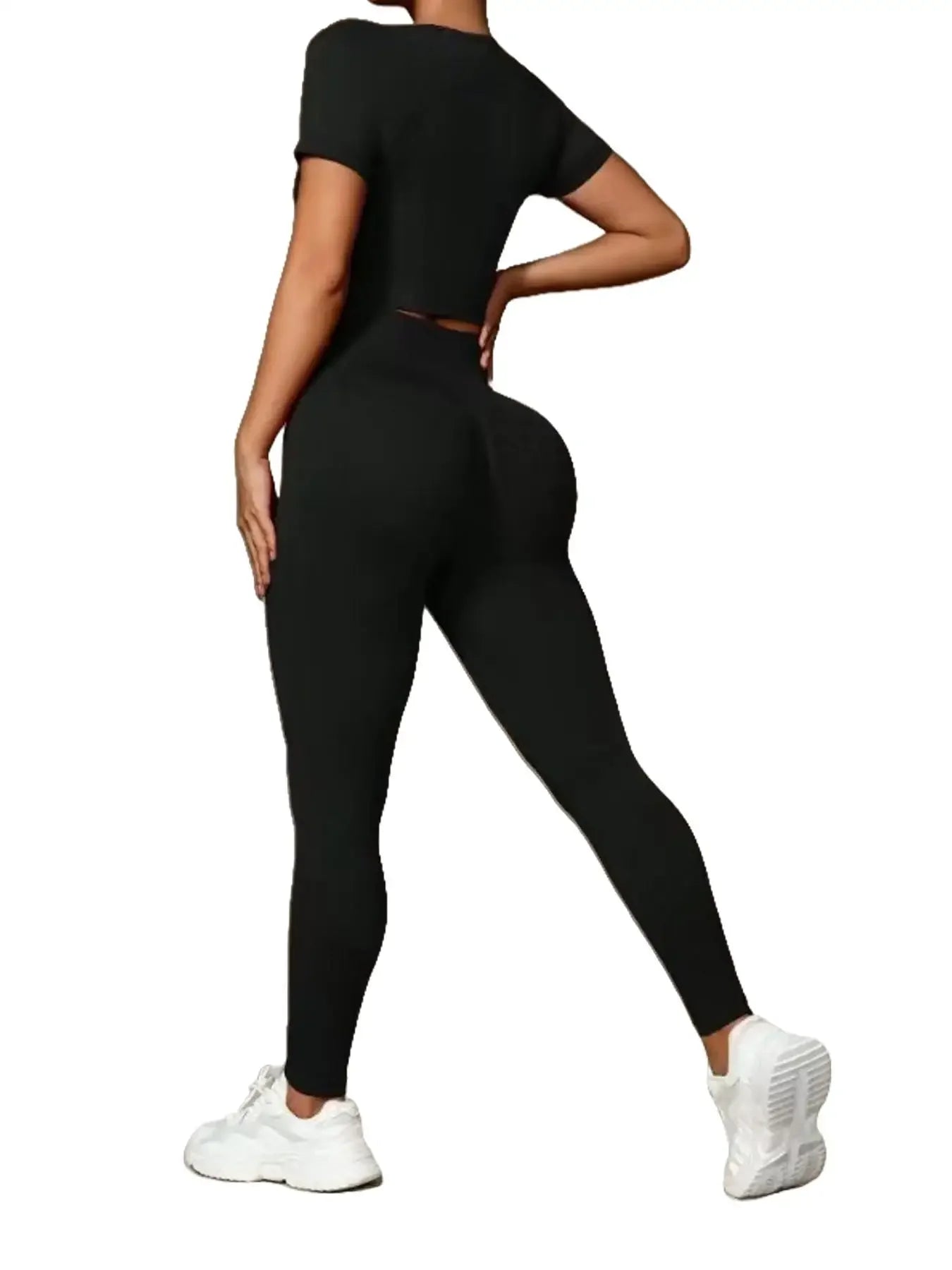 Fashionable women's two-piece high elastic seamless yoga suit sportswear, slim short-sleeved top, high waist pants,