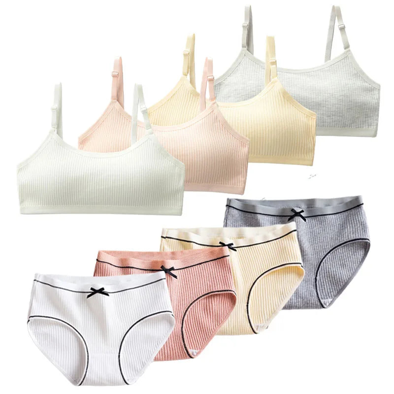 1/4 Sets Wireless Girl's Sports Bra Underwear Sets Cotton Breathable Sweat-Wicking Kids Brassiere and Girls Panties Lingerie Set