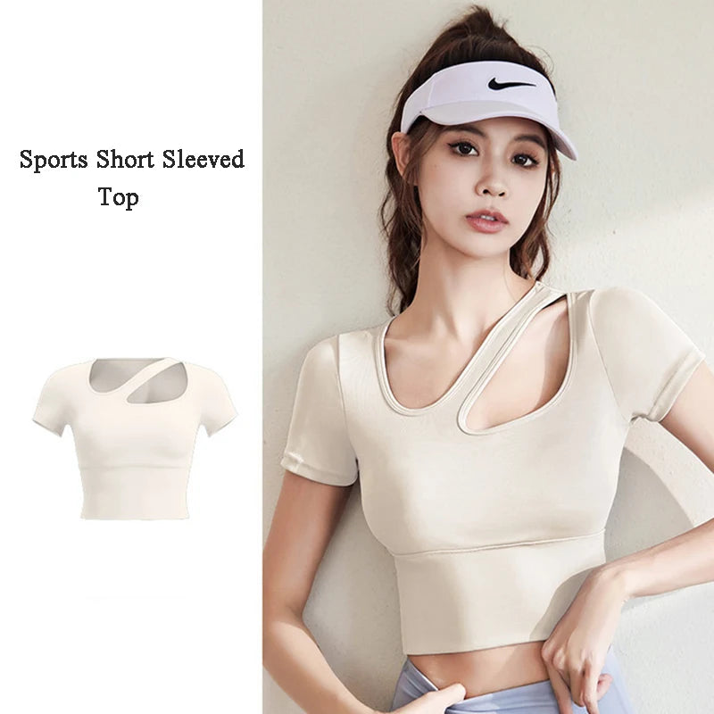 Yoga Shirts Women Diagonal Shoulder Hollow Out Sports Tees Short Sleeve T-Shirt With Padded Fitness Sportswear Workout Gym Tops