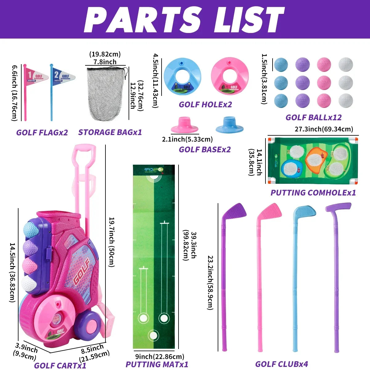 Pink Golf Toy Set with 12 Balls, Portable Golf Cart, Unique Shoulder Strap - Indoor Outdoor Sports Toy, Christmas, Thanksgiving