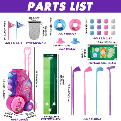 Pink Golf Toy Set with 12 Balls, Portable Golf Cart, Unique Shoulder Strap - Indoor Outdoor Sports Toy, Christmas, Thanksgiving