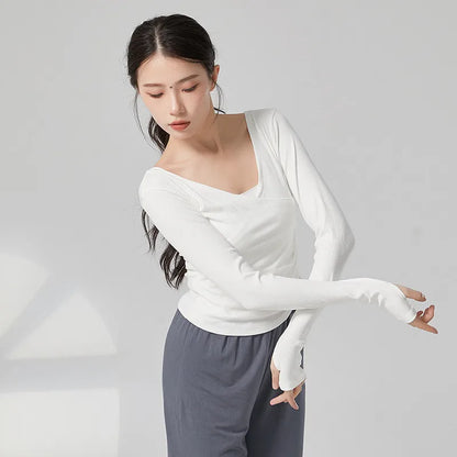Adult Modern Dance Practice Clothes V Neck Finger Sleeve Autumn Winter Tops Women Slim Elegant Yoga Costume Performance Clothing