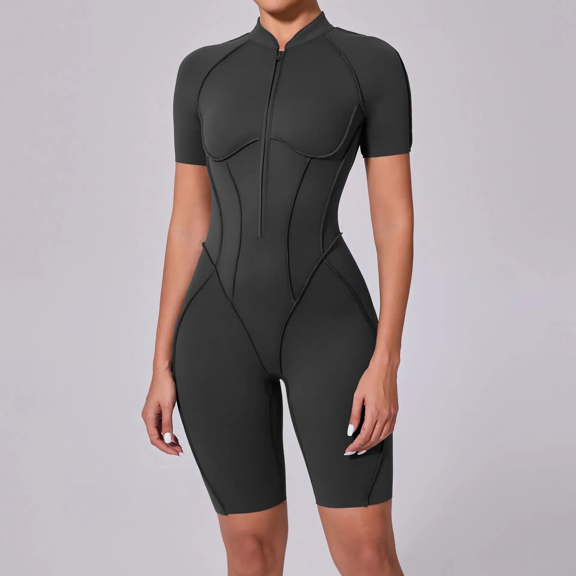 Seamless Yoga Jumpsuits Sports Fitness Zipper Hip-lifting Short-sleeved Backless Dance Workout Gym Shorts Bodysuits for Women
