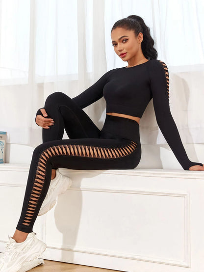 2Pcs Yoga Suit Women's sportswear Workout Long Sleeve with Thumb hole Side hollowing Yoga Pants and Tops Fashion Sport Clothing