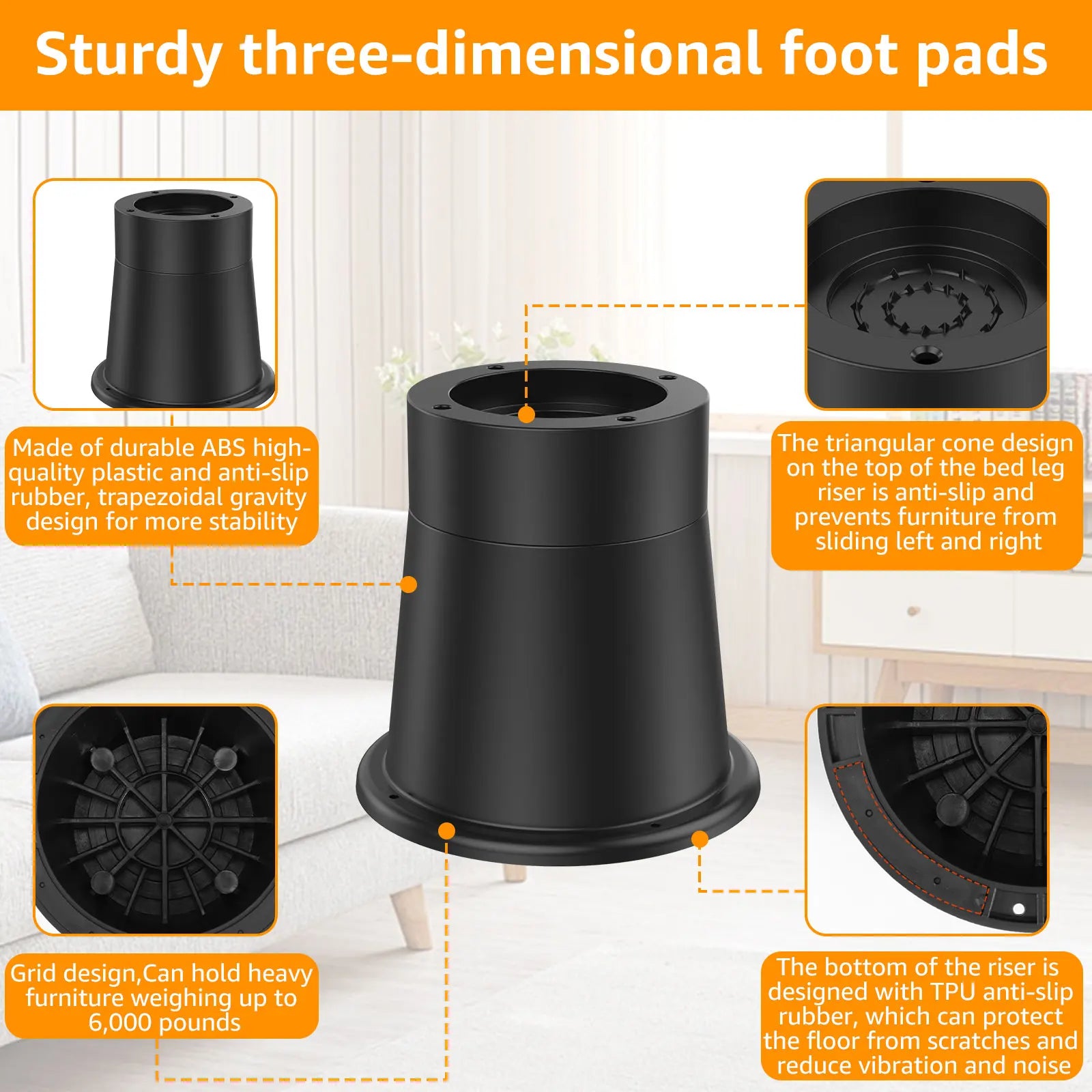 4/6Pcs Heavy Duty Rubber Sofa Cabinet Feet Leg Bed Risers Stand Round Furniture Risers Anti Slip Bed Frame Riser Raising Blocks