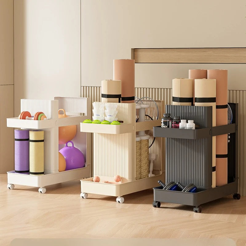 1p Gym Equipment Organizer Trolley with Wheels, Sports Storage Rack Yoga Mat Holder Basket Fitness Tools Organizer Portable Cart
