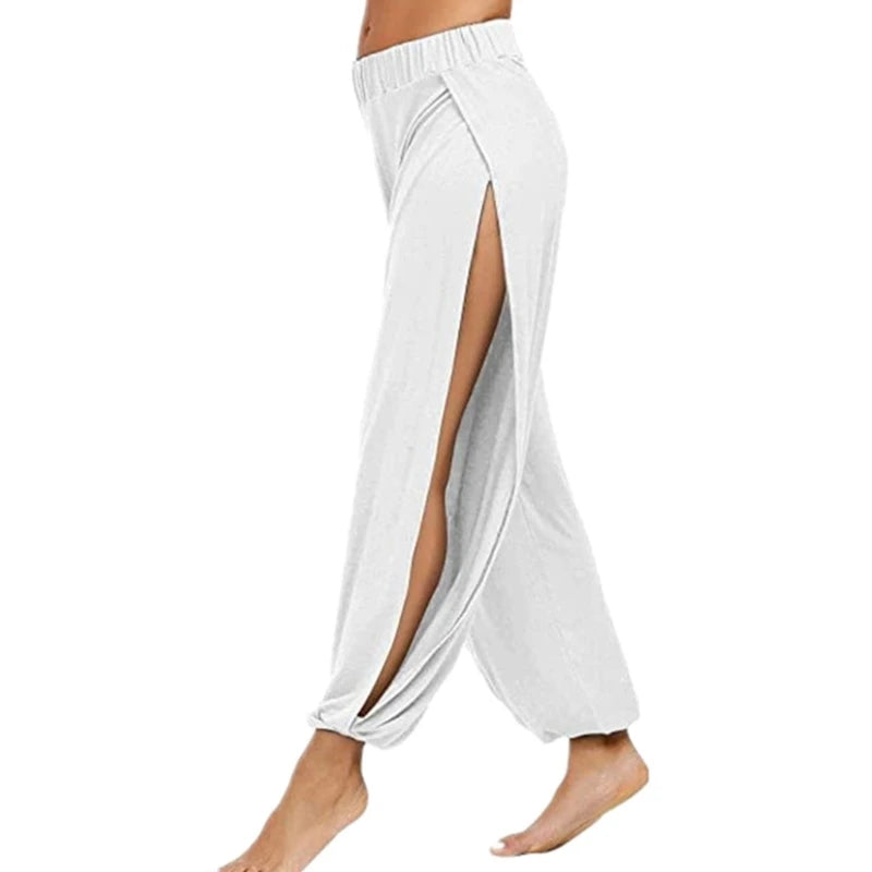 Womens Harem Hippie Pants Yoga Clothing Smocked Waist Palazzo Beach Cover Up Pants Side Split Active Workout Sweatpants