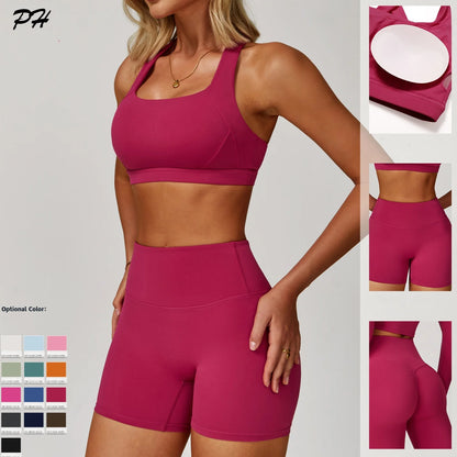2Pcs Yoga Sets Nude Workout Clothes Women's Tracksuit Sportswear Gym Clothing High Waist Tight Sports Pants Cross Back Bras Suit