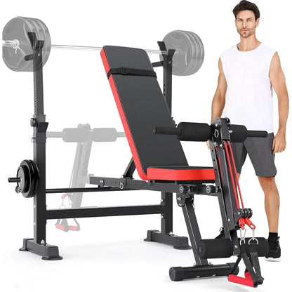 6 in 1 Adjustable Weight Bench with Squat Rack Folding Home Gym Bench Press Set Heavy Duty Multilevel Settings 600lbs Capacity