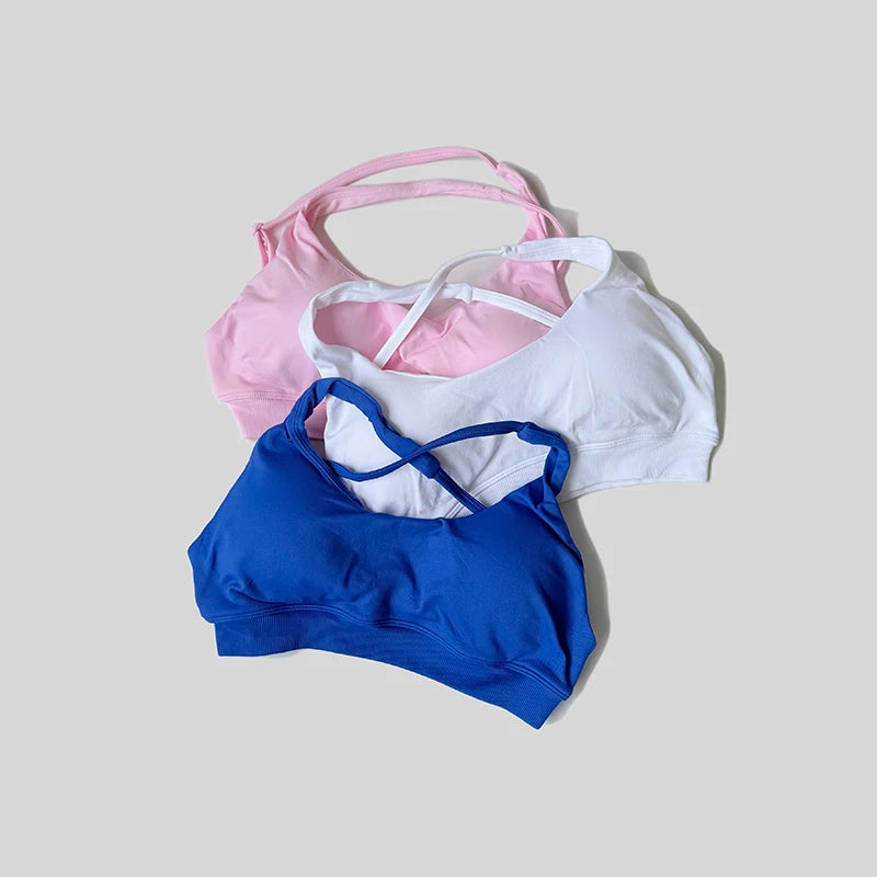 Strappy Bra Top Women High Support Cross Back Sport Seamless Padded Bras Scrunch Workout Gym Fitness Tank Tops