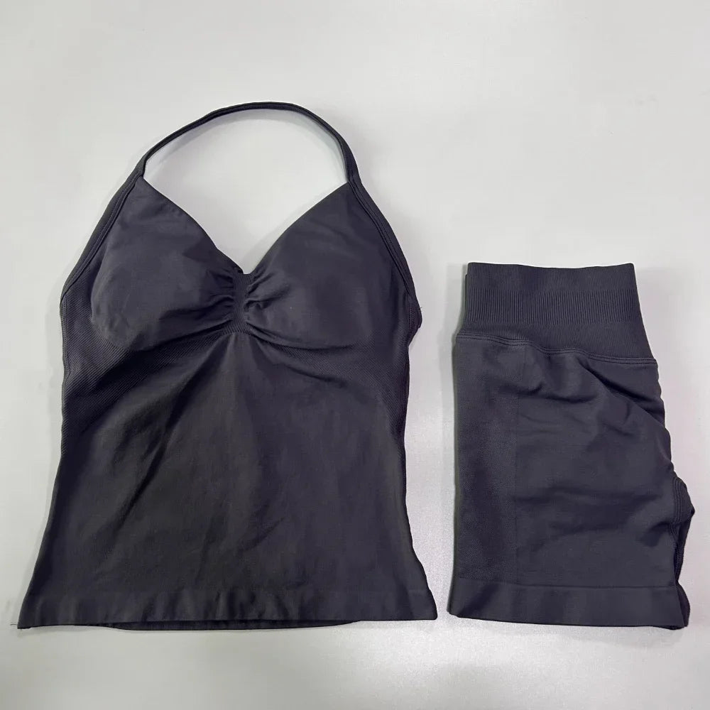 2 Pieces Impact Sports Set Workout Clothes Shorts Sets Impact Longline Strappy Top Seamless Scrunch Shorts Yoga Clothing Gym Set